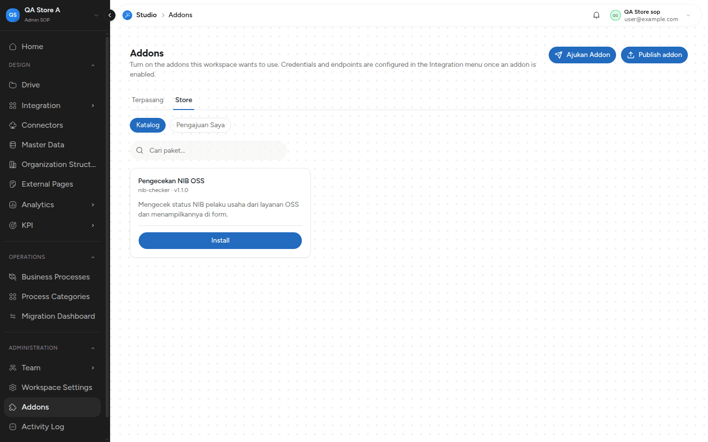 Tab Store, sub-tab Katalog, menampilkan kartu paket dengan tombol Install