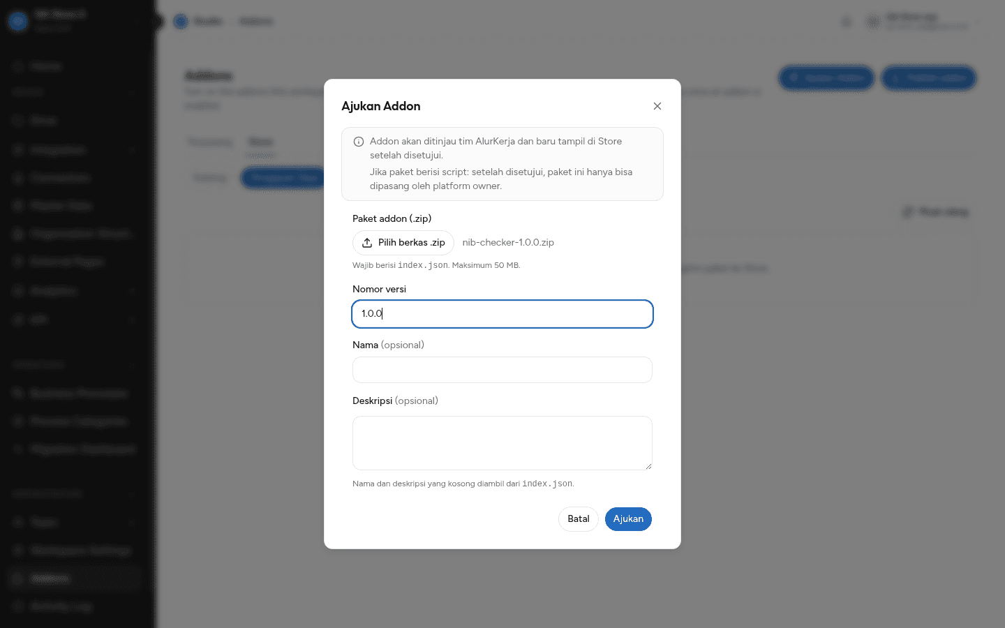 Dialog Ajukan Addon: paket zip, nomor versi, nama, dan deskripsi
