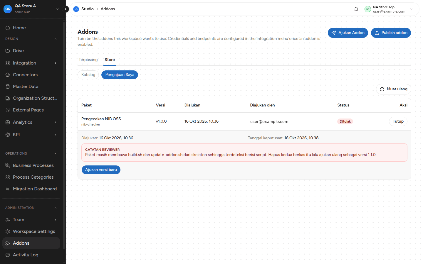 Pengajuan Saya berstatus Ditolak dengan Catatan reviewer dan tombol Ajukan versi baru