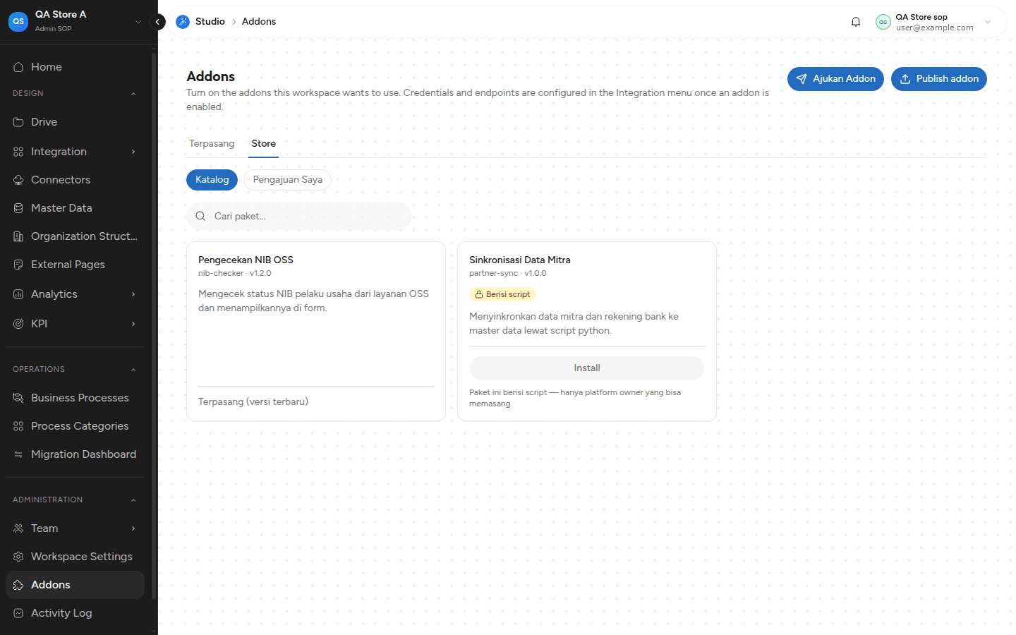 Kartu paket berscript dengan tombol Install nonaktif dan keterangan hanya platform owner yang bisa memasang