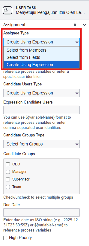 BPMN Assignment Detail User Type OnPremise