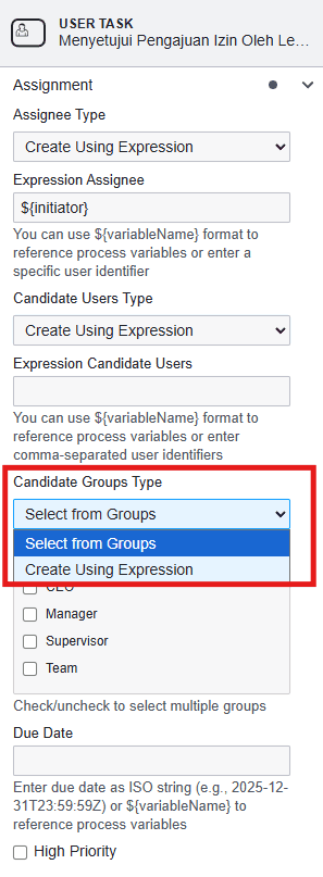 BPMN Assignment Detail Candidate Group Type OnPremise