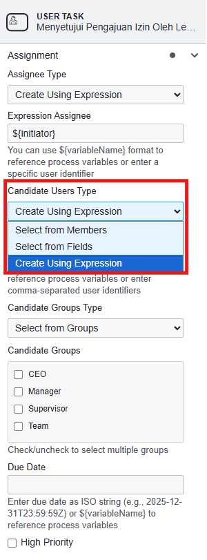 BPMN Assignment Detail Candidate Type OnPremise