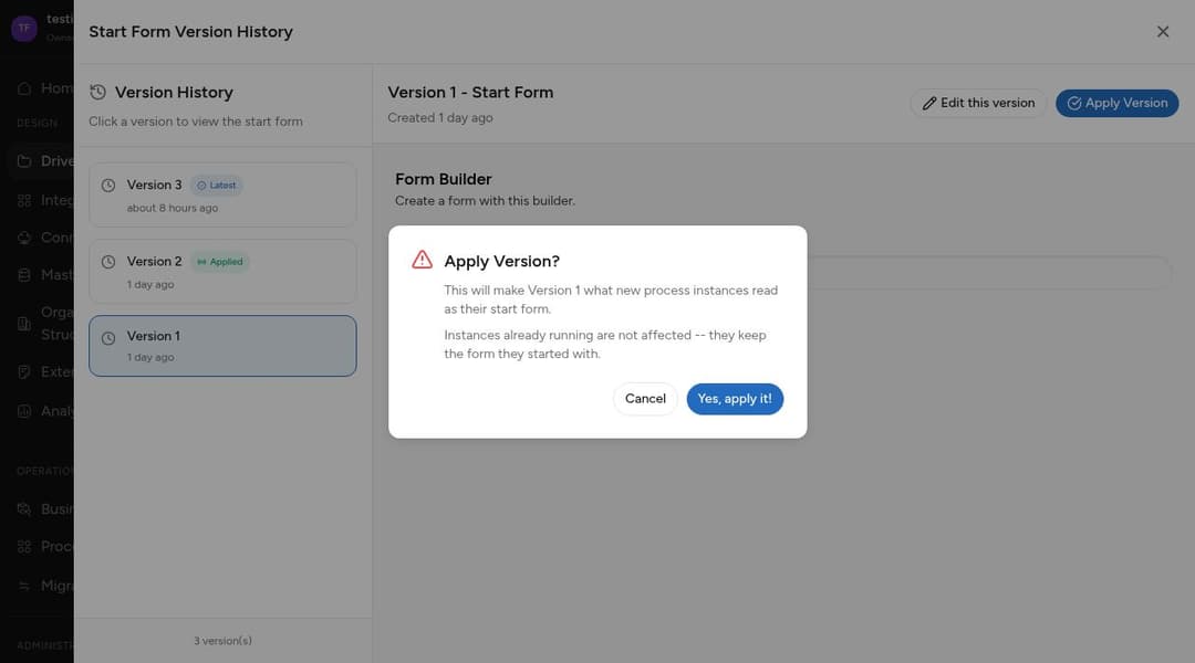 Dialog konfirmasi Apply Version