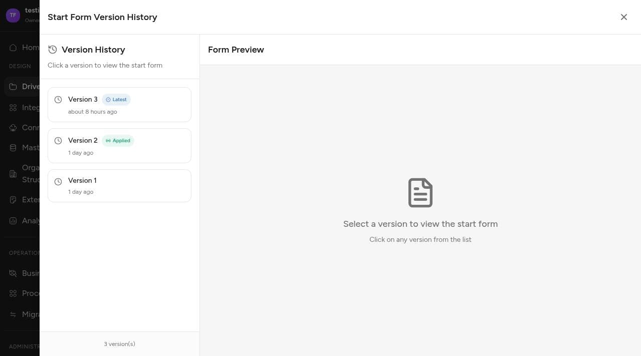 Panel Start Form Version History dengan badge Latest dan Applied