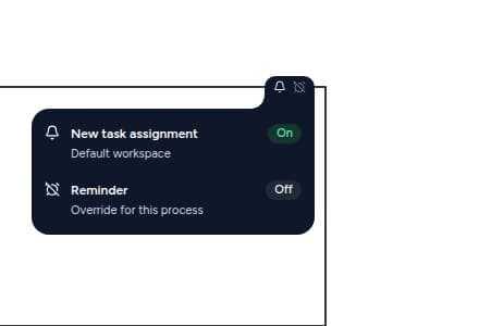 Tab notifikasi dengan lonceng penuh dan jam dicoret; kartu menampilkan New task assignment On (Default workspace) dan Reminder Off (Override for this process)