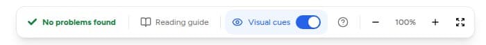 Bar kontrol di pojok kanan bawah canvas: status linter, Reading guide, Visual cues dengan switch menyala, tombol tanda tanya, zoom, dan layar penuh