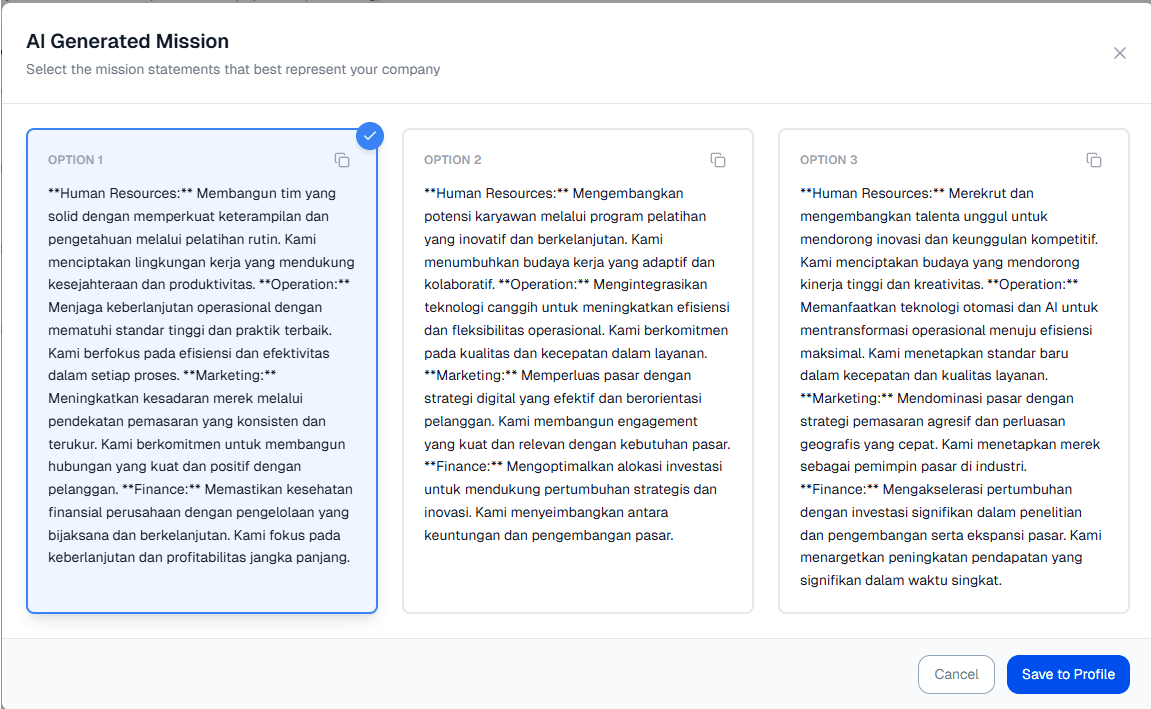 Mission Company Page Generate AI