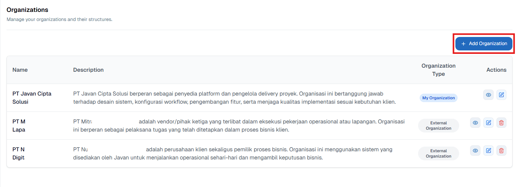 Organization Add Organization OnPremise