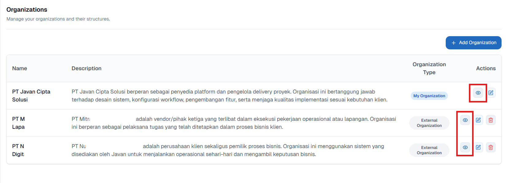 Organization Action View Organization OnPremise