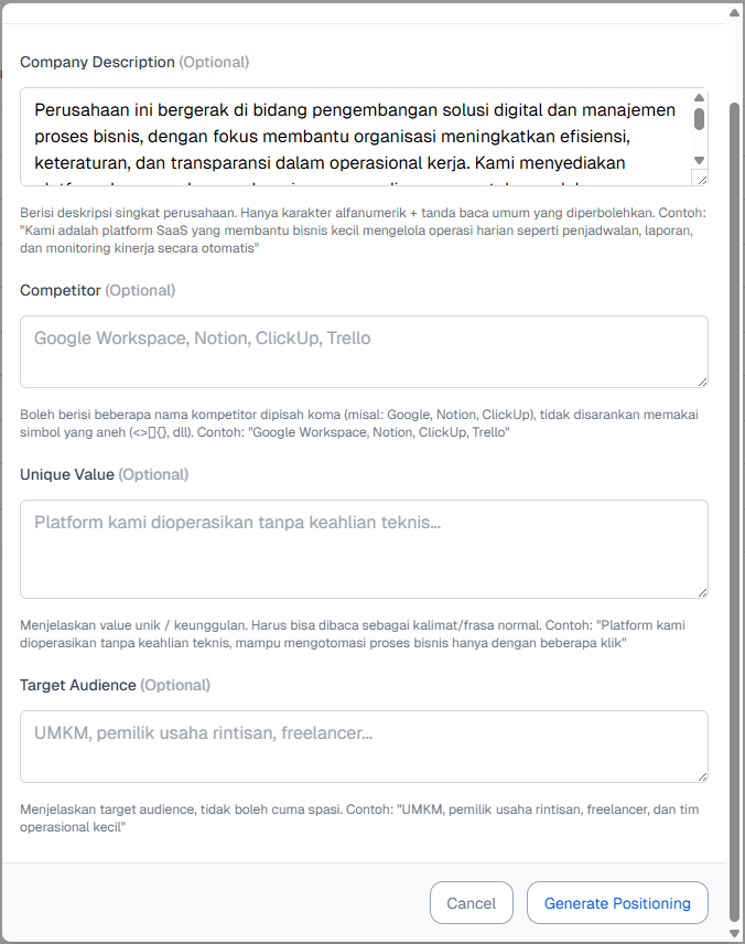 Positioning Company Page Generate AI