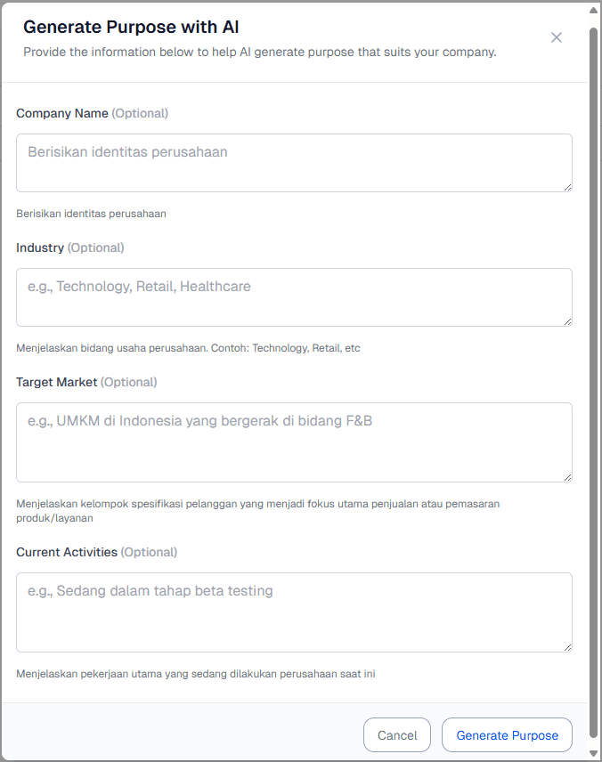Purpose Company Page Generate AI