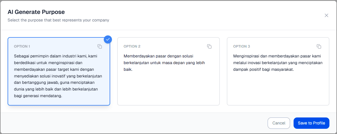 Purpose Company Page Generate AI