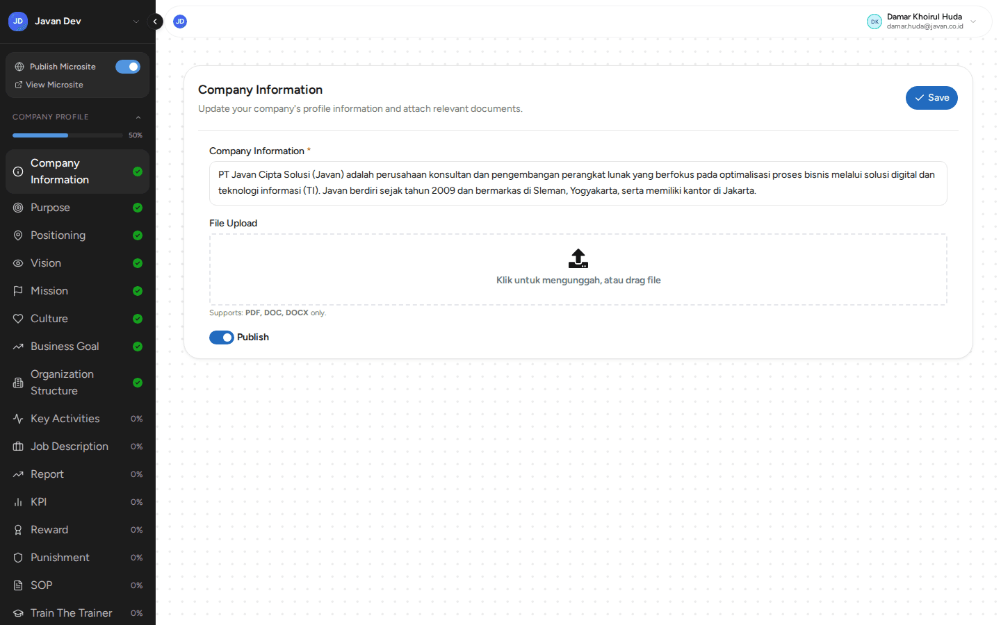 Layar utama Company Profile