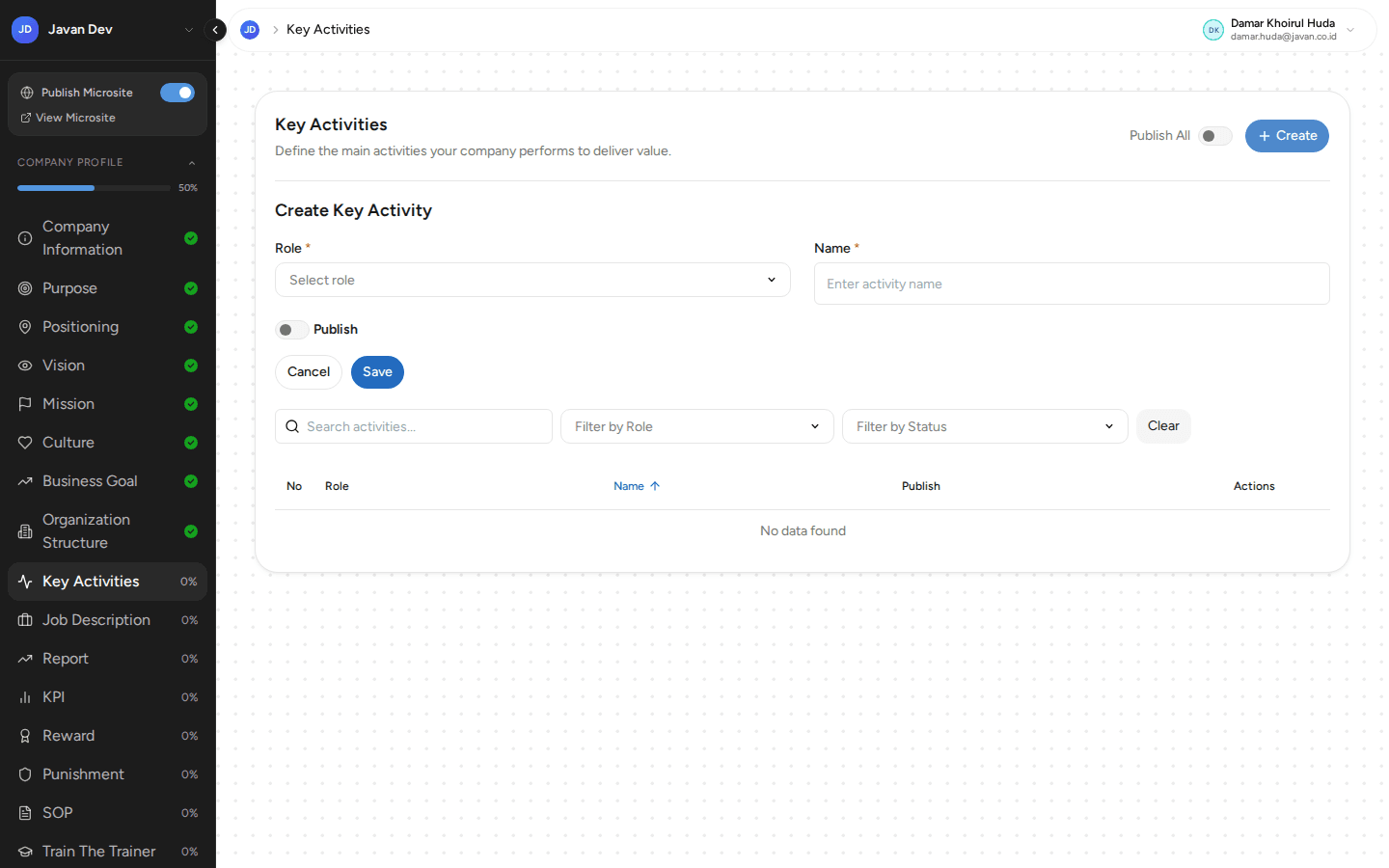 Formulir Create Key Activity