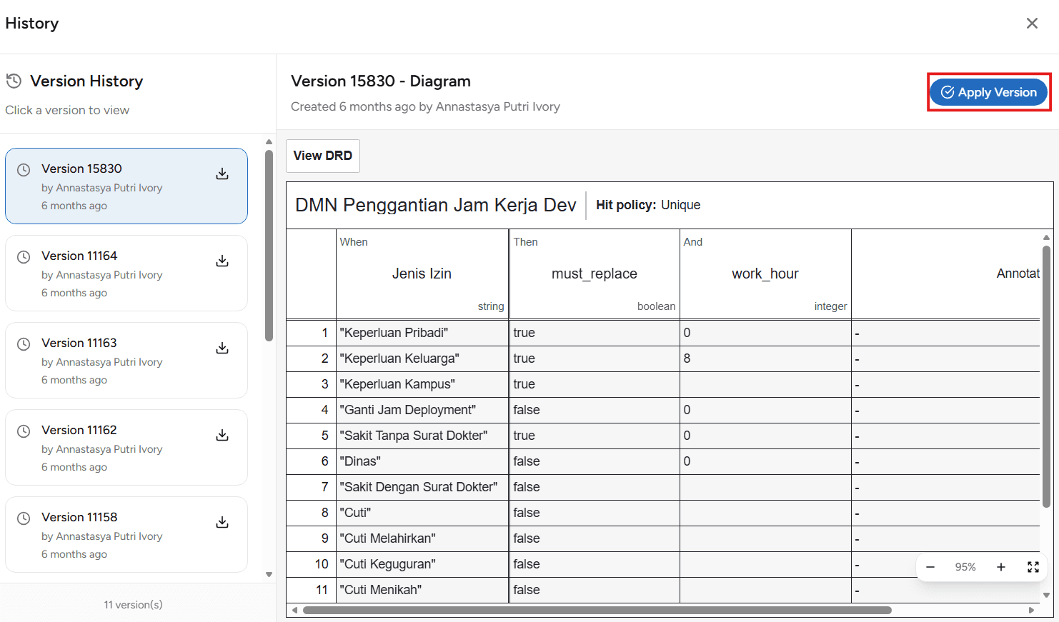 Apply Version History DMN OnPremise