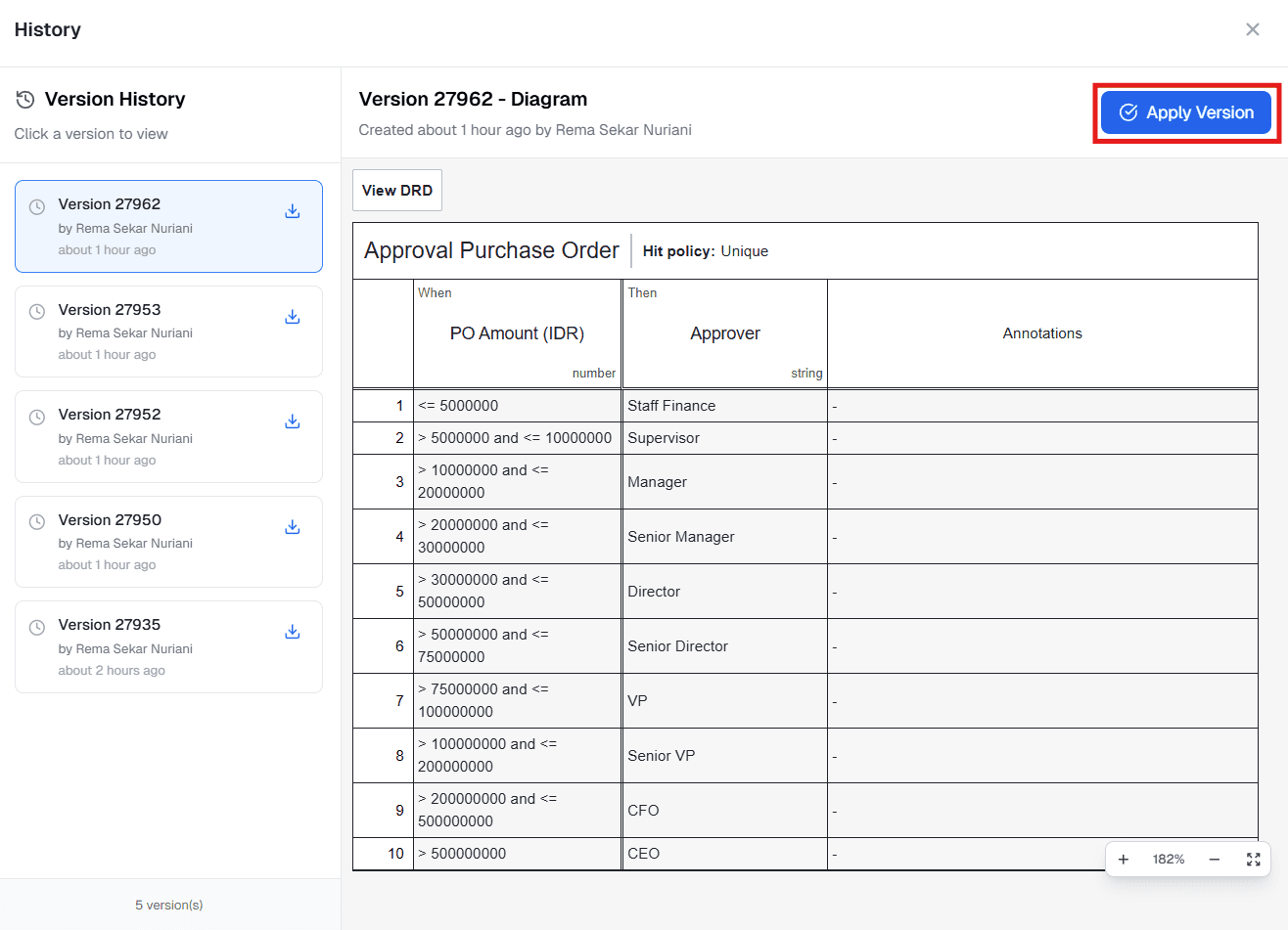 Apply Version History DMN OnPremise