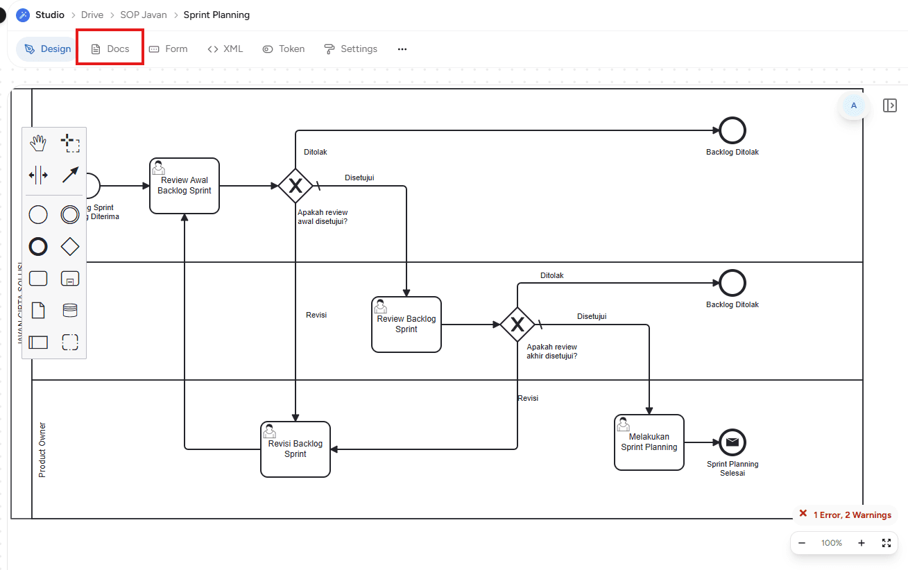 Tombol Docs pada BPMN Editor
