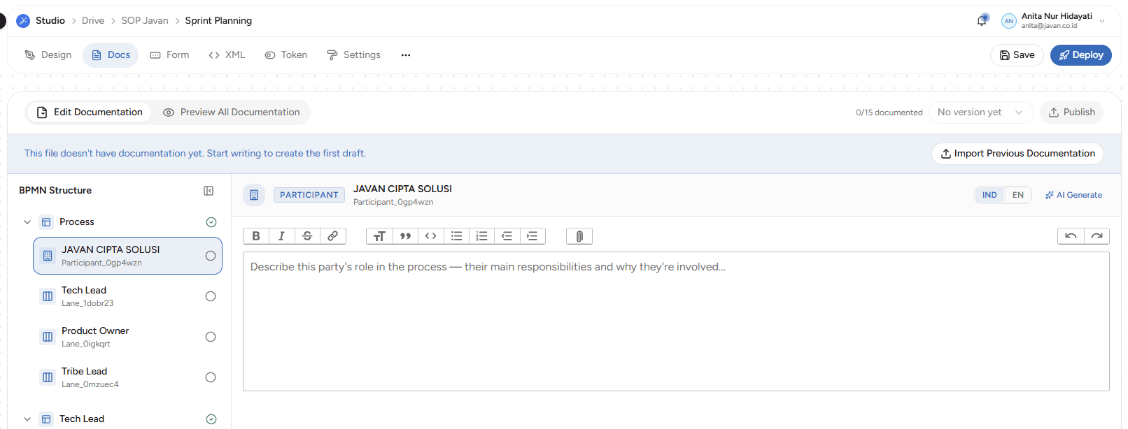 Halaman Documentation pada BPMN Editor