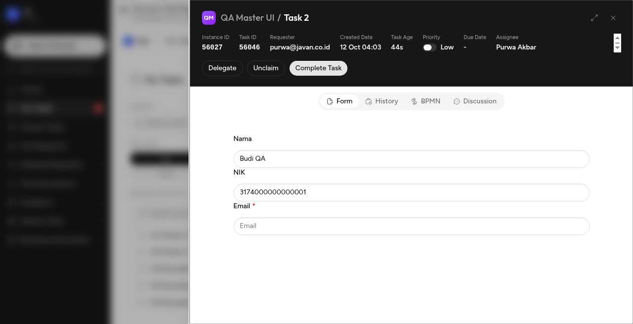 Task yang terbuka menampilkan field Email wajib dari versi 2