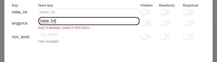 Pesan Key is already used in this form pada kolom New key