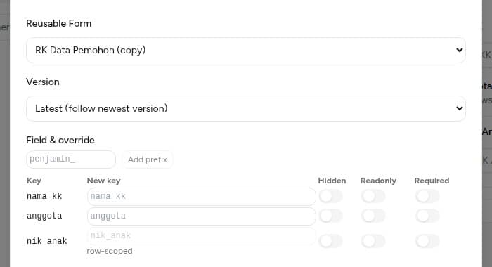 Panel Edit Element dengan kolom New key dan tombol Add prefix