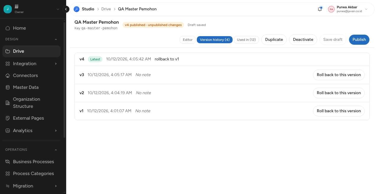 Version history: v4 hasil rollback ke v1, v1 sampai v3 tetap ada