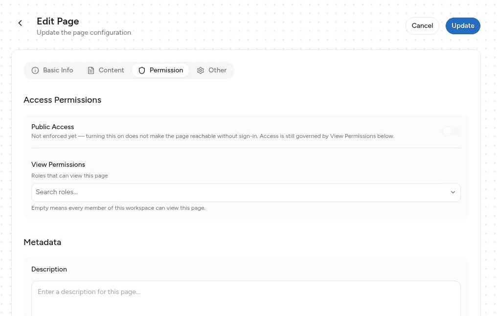 Tab Permission pada halaman lama yang dibuat sebelum fitur ini ada — View Permissions kosong