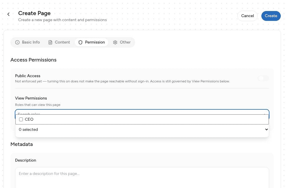 Dropdown pemilih role pada View Permissions, menampilkan posisi dari Organization Structure