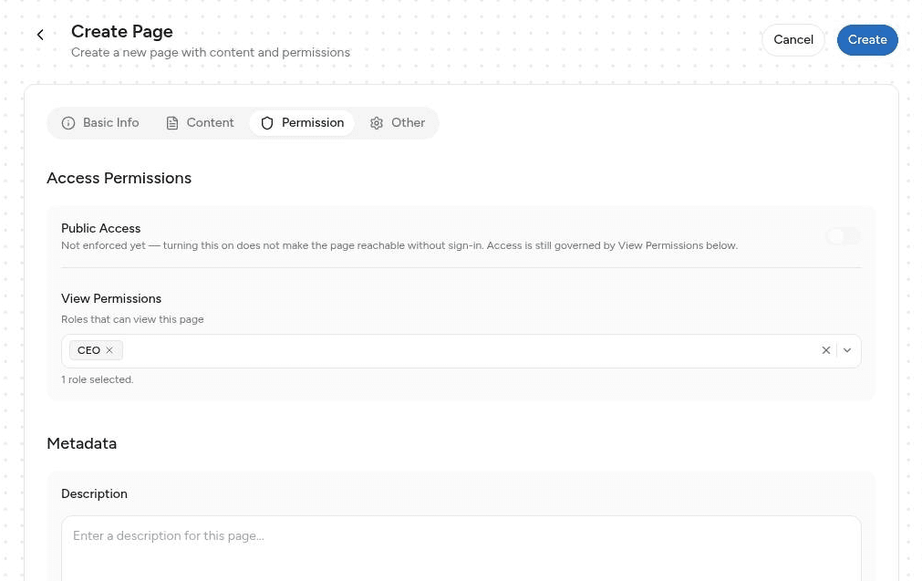 View Permissions dengan satu role terpilih, ditampilkan sebagai chip