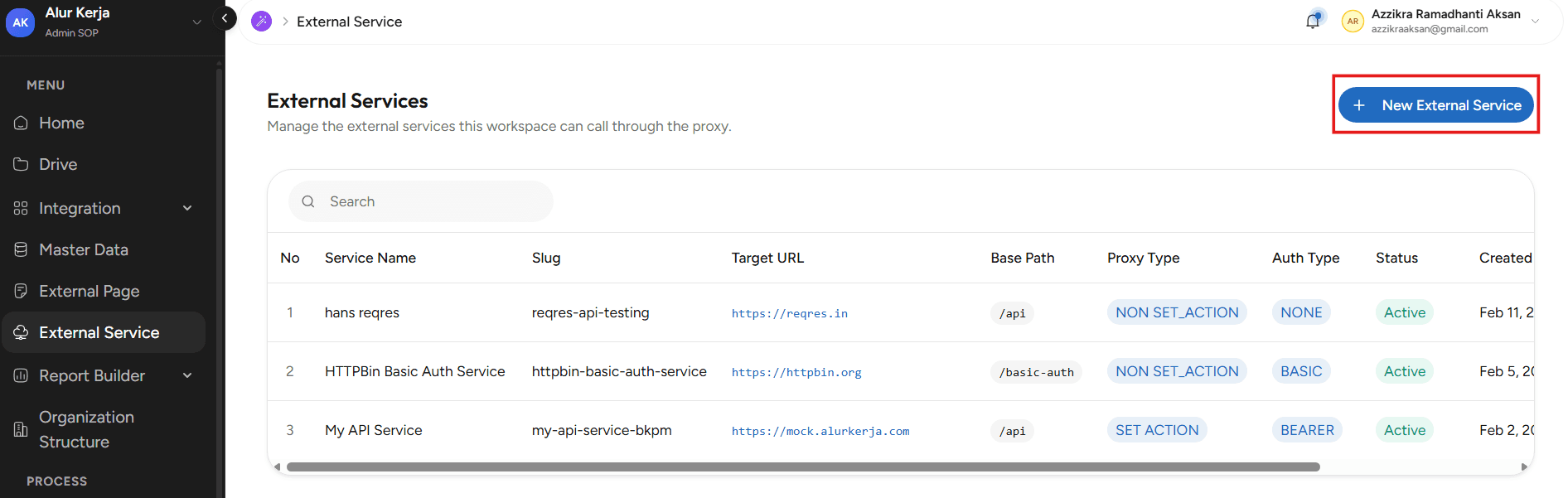 Add New External Service OnPremise