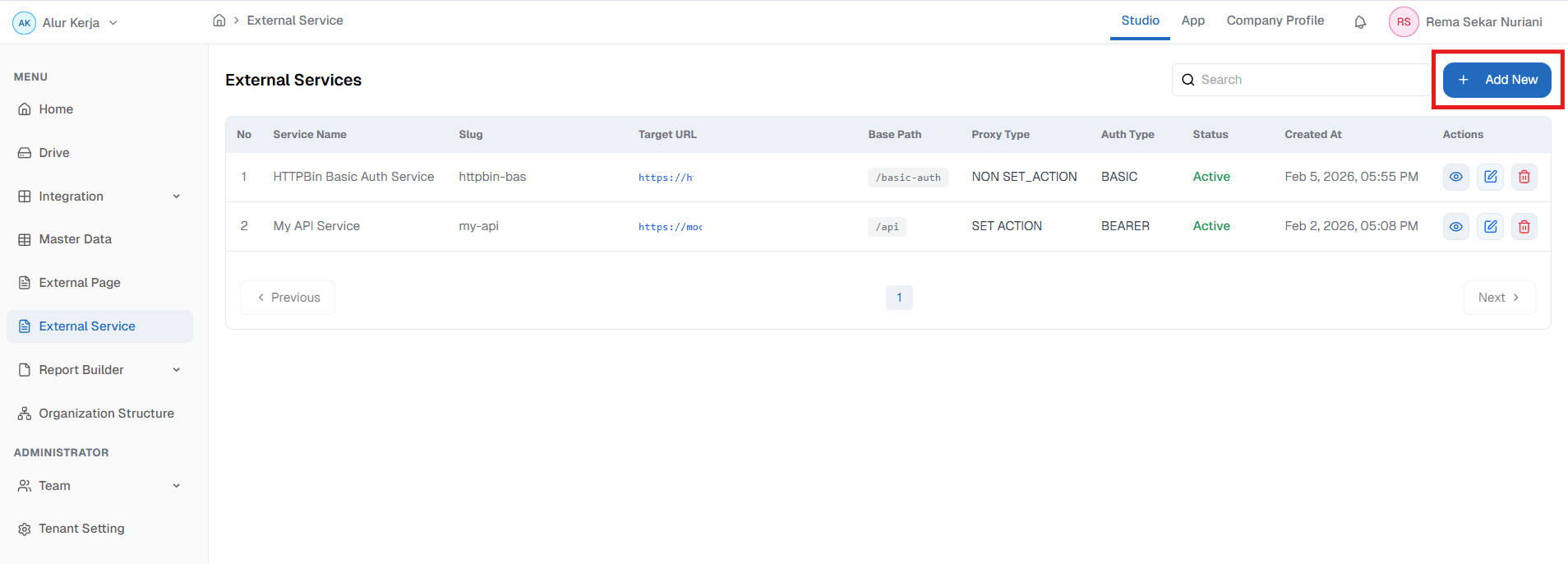 Add New External Service OnPremise