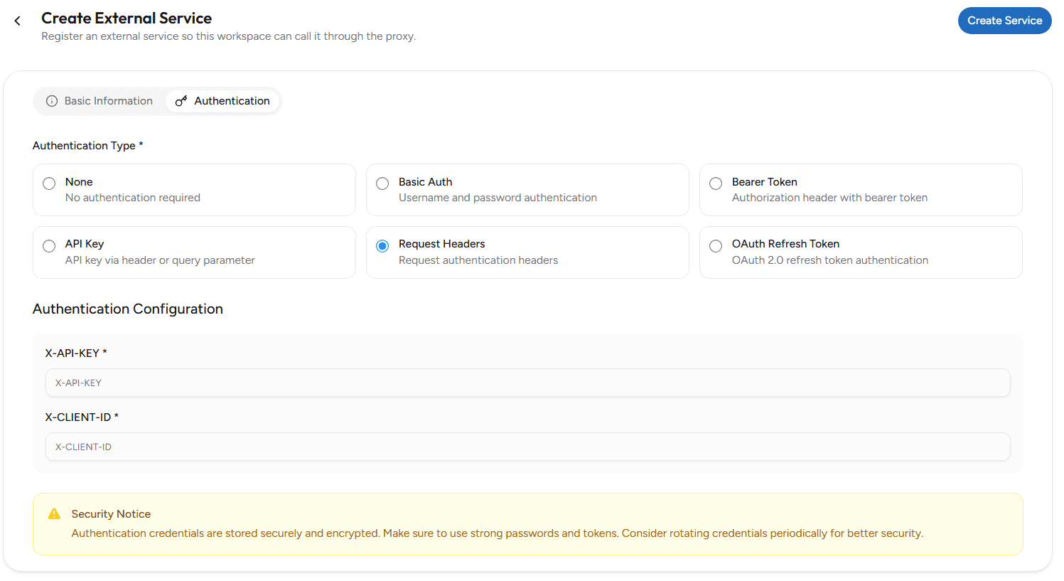 Custom Headers Aunthentication External Service OnPremise