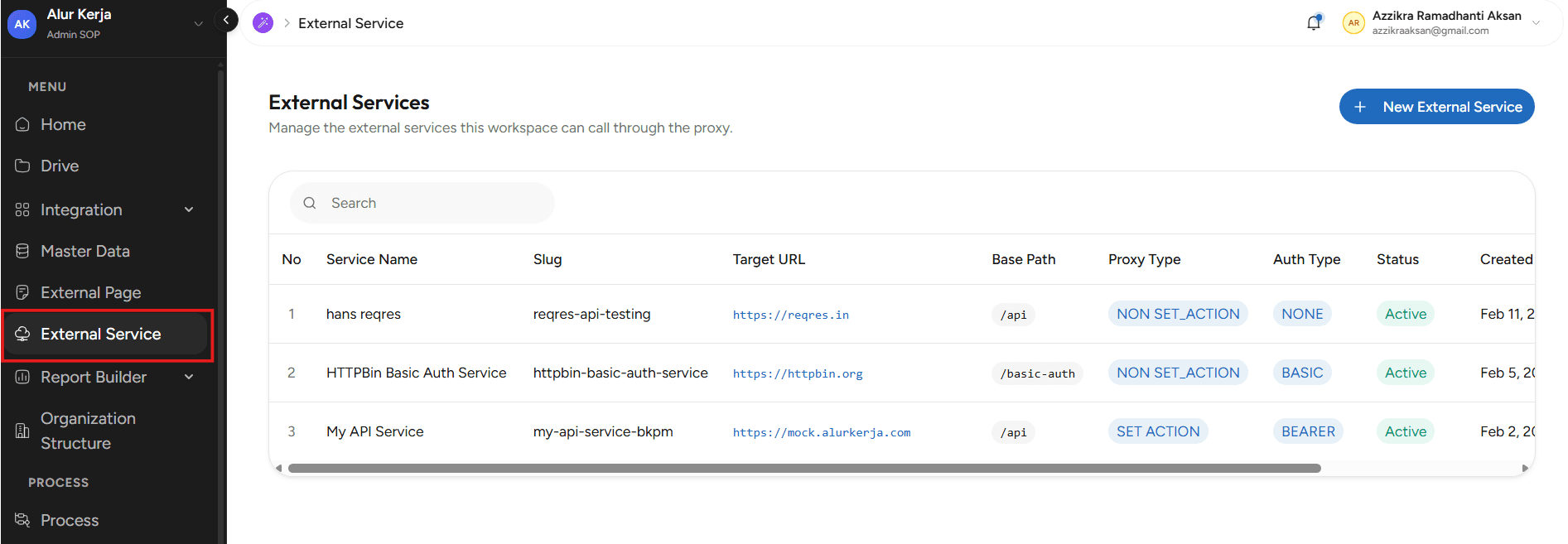 Halaman External Service OnPremise