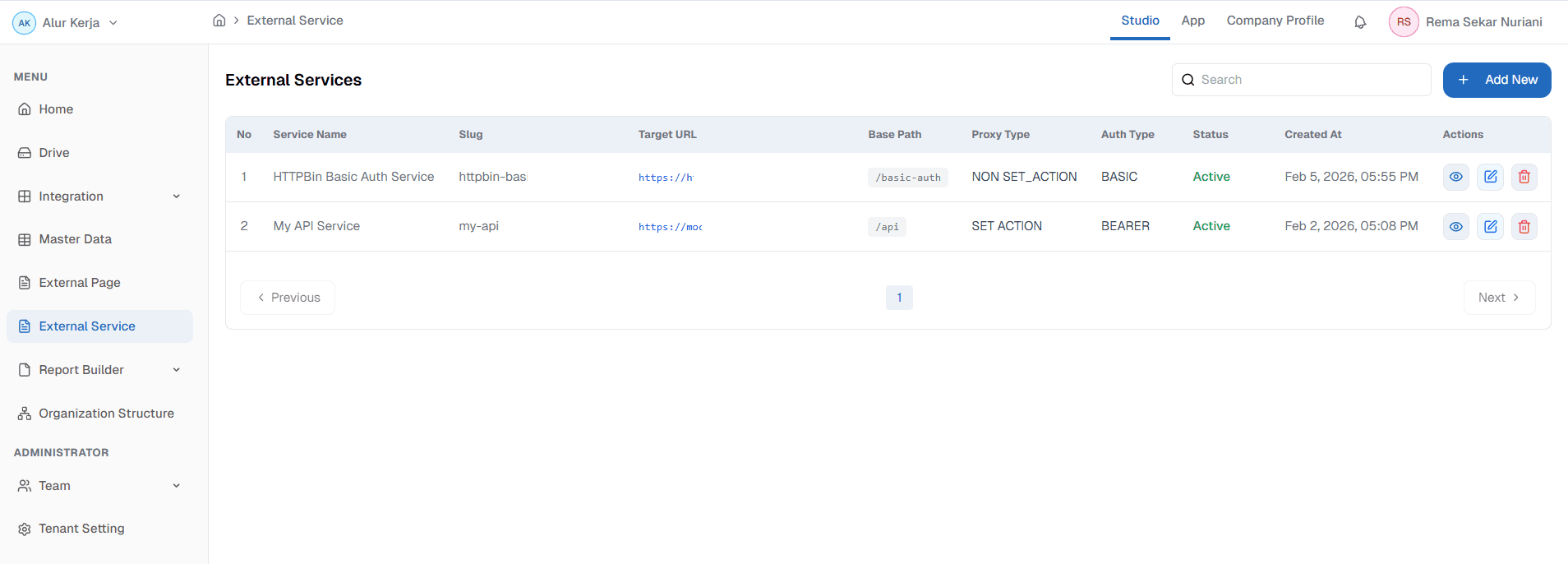 Halaman External Service OnPremise