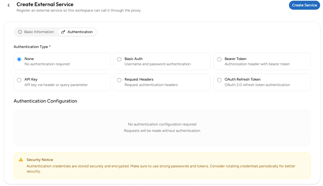 None Aunthentication External Service OnPremise