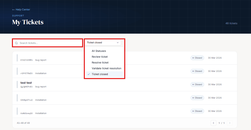 Fitur Search dan Filter My Tickets