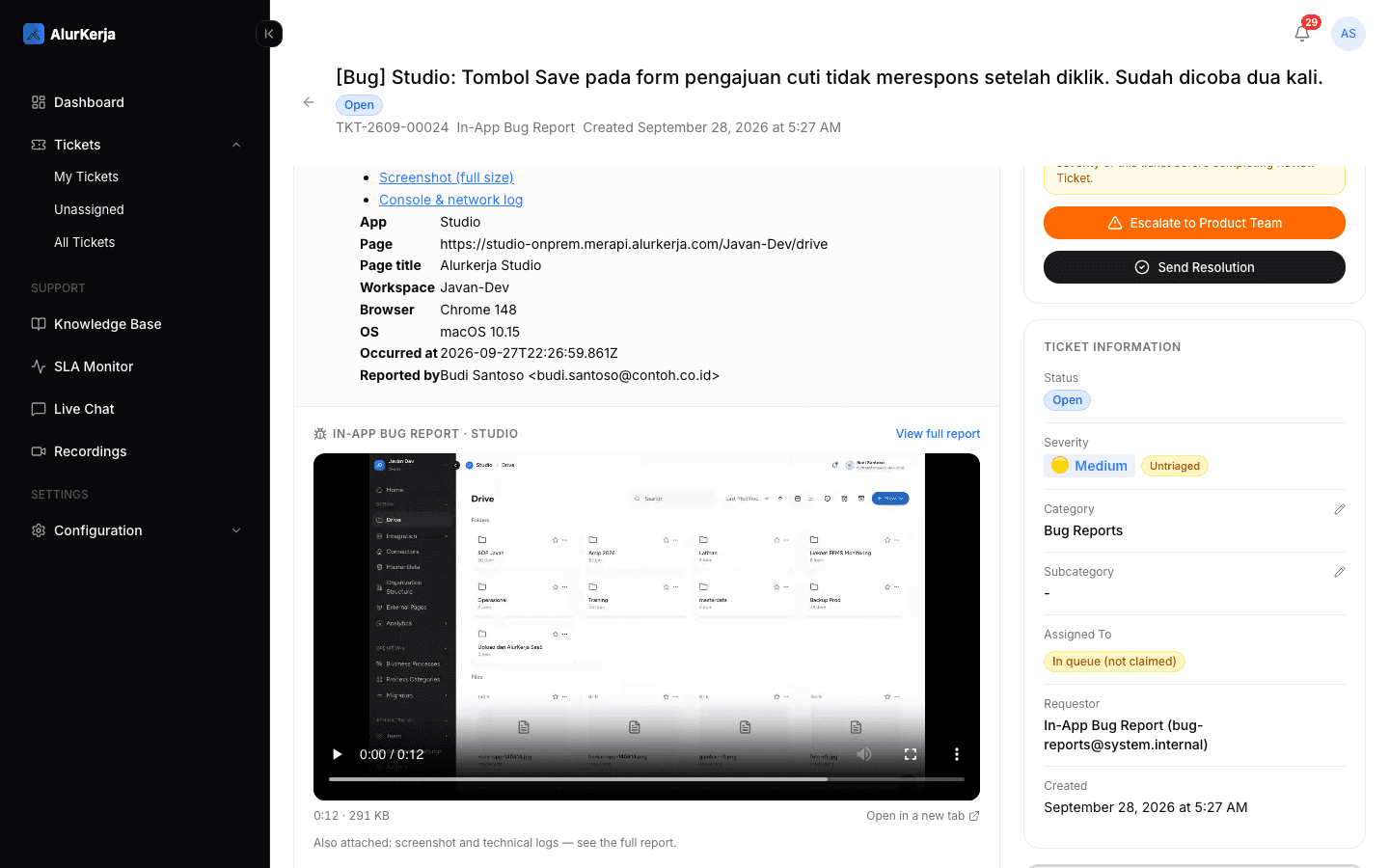 Blok In-app bug report dengan pemutar rekaman di halaman tiket