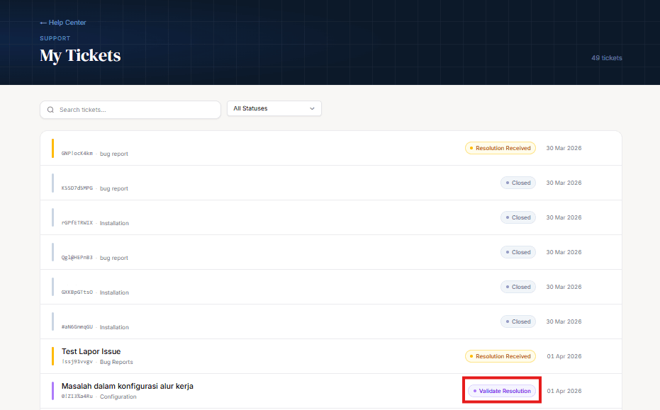 Status Vlidate Resolution My Tickets