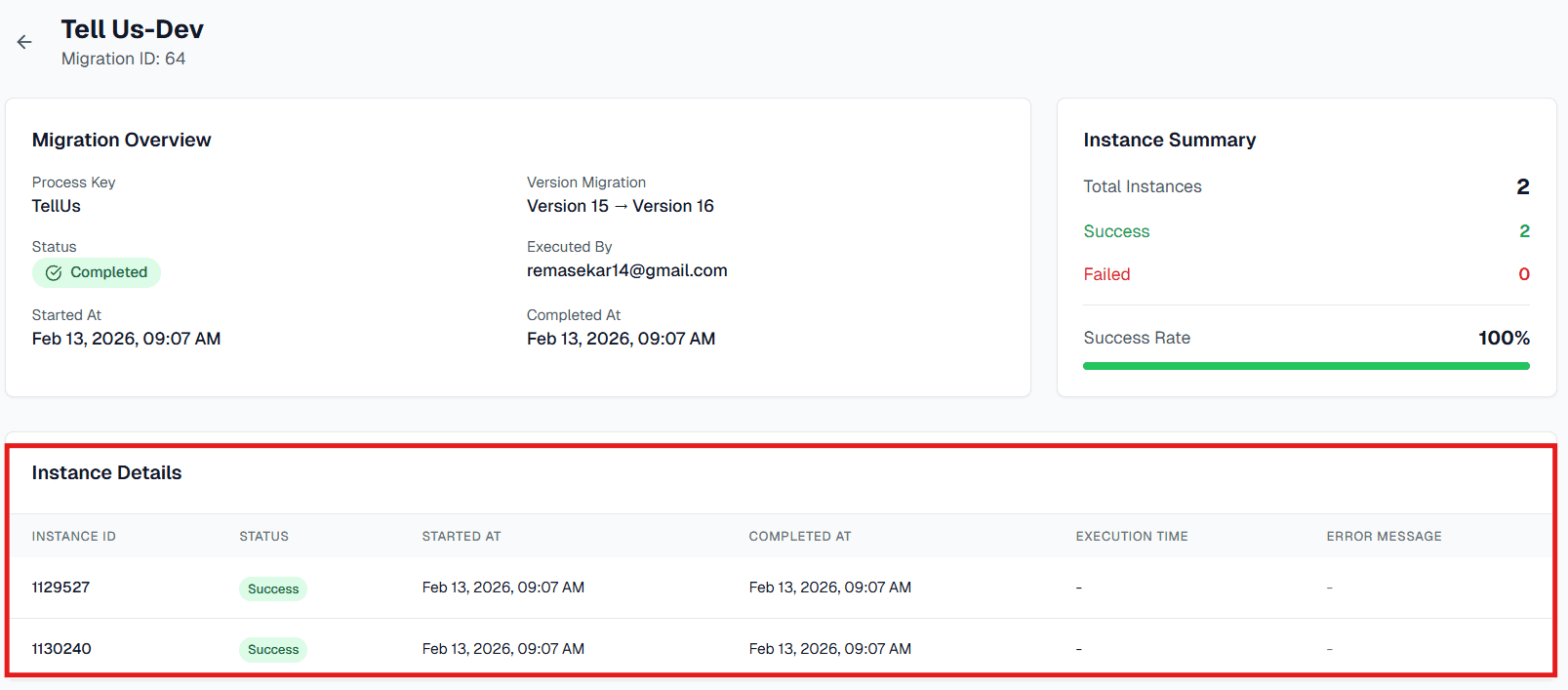 Instance Details Migration Dashboard