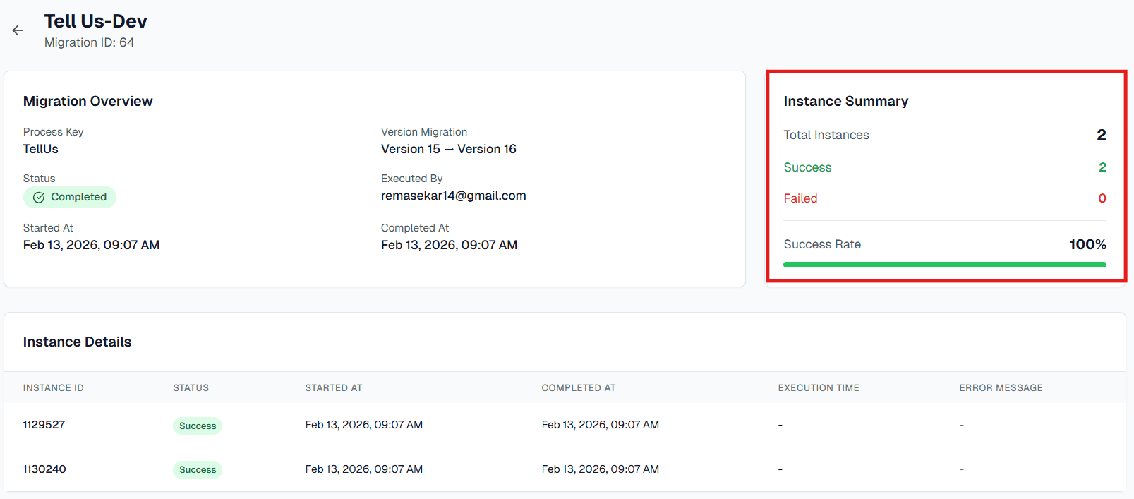 Instance Summary Migration Dashboard