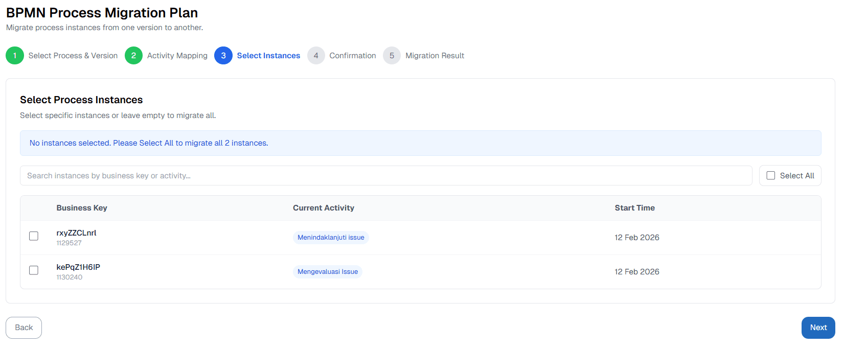 Select Process Instances Migration Plan