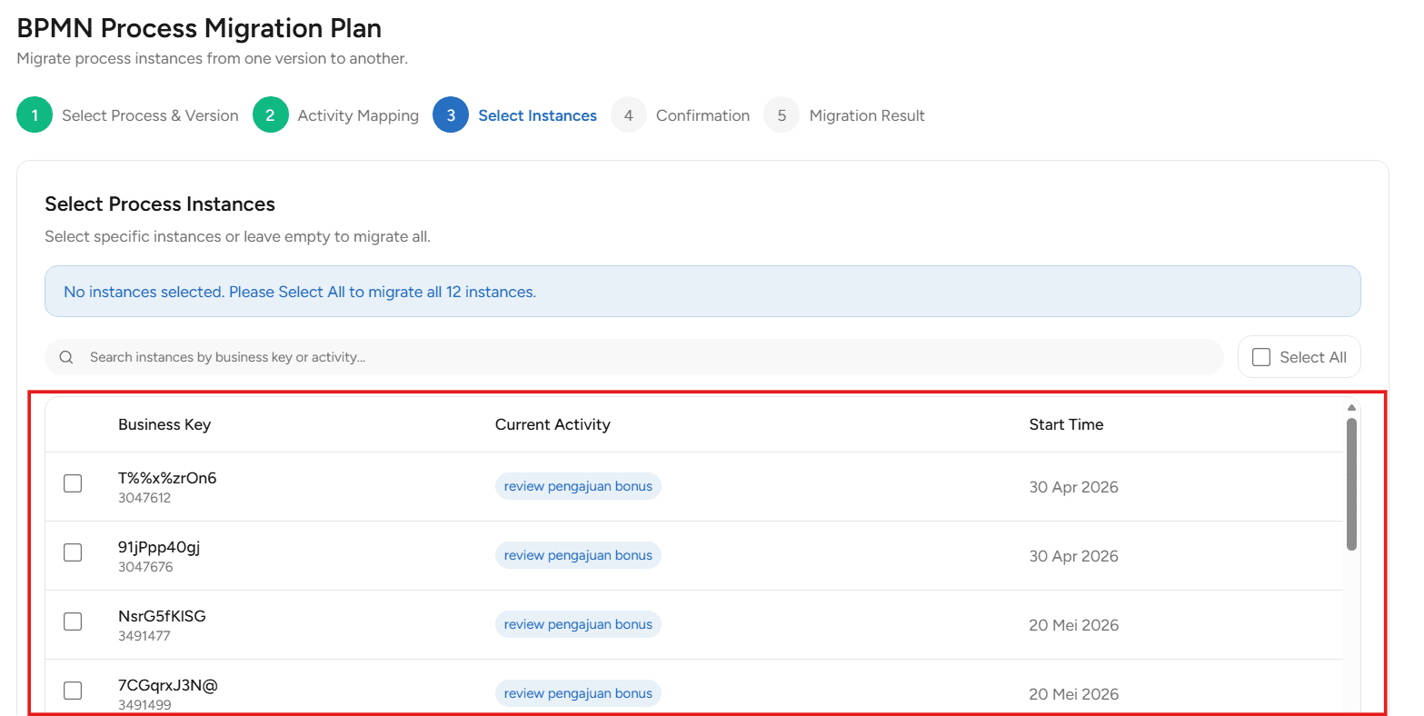 Select Process Instances Migration Plan