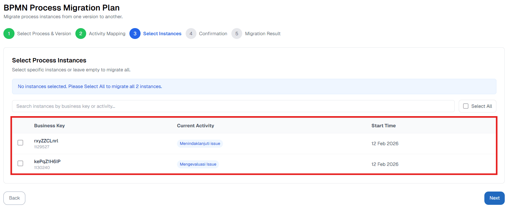Select Process Instances Migration Plan