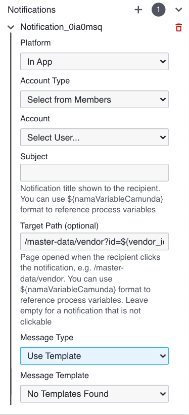Notifikasi In App dengan Target Path /master-data/vendor?id=${vendor_id}