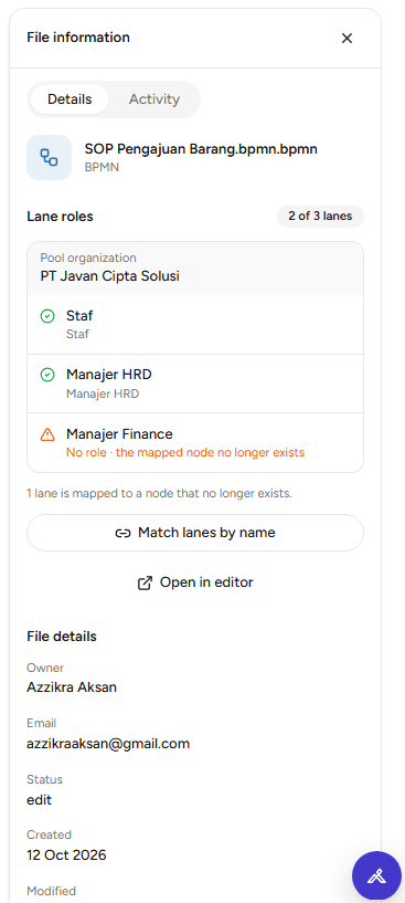 Panel File information tab Details dengan bagian Lane roles