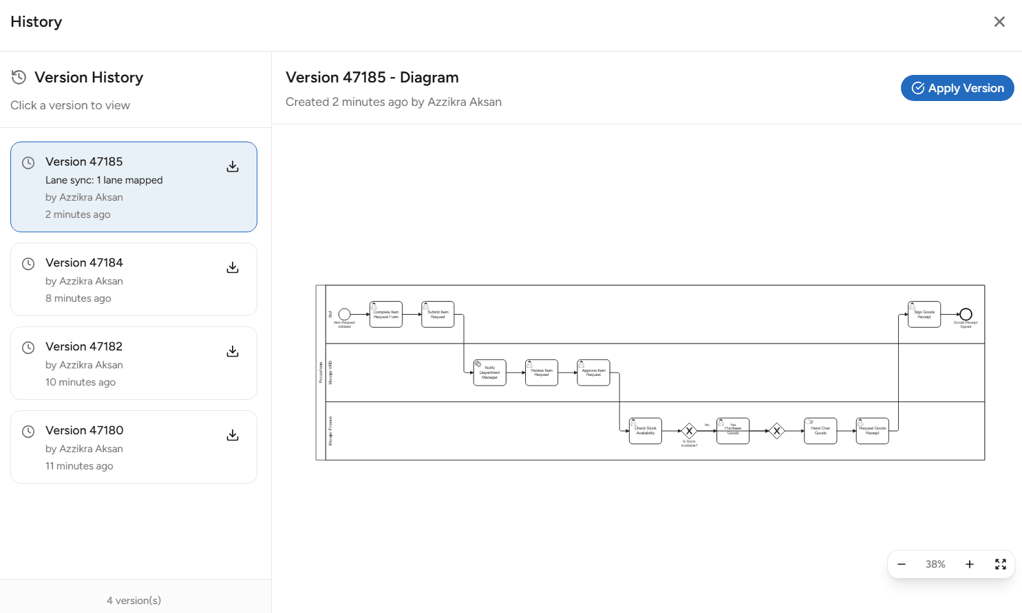 Panel Versions menampilkan catatan versi hasil sync