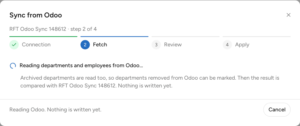 Langkah Fetch sedang membaca departemen dan karyawan dari Odoo