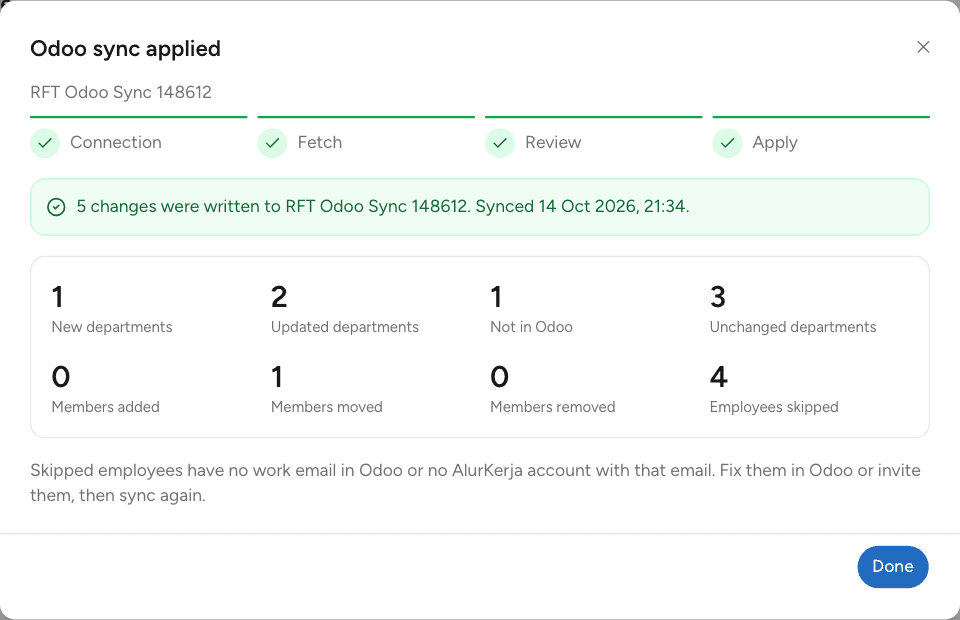 Layar Odoo sync applied: jumlah perubahan yang ditulis beserta ringkasan angkanya