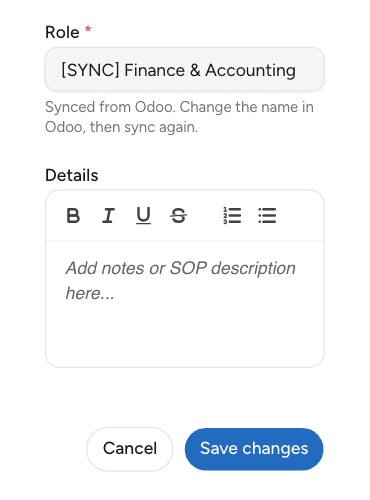 Form Edit node Odoo dengan kolom Role terkunci